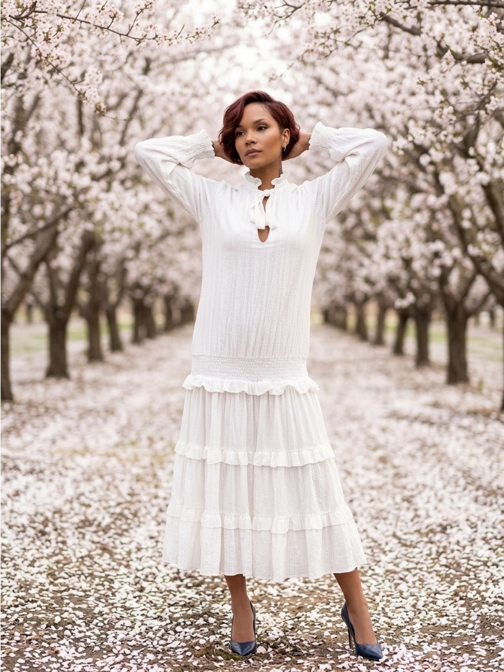 Cream Ruffled Tiered Midi Dress with Keyhole Neck☑️